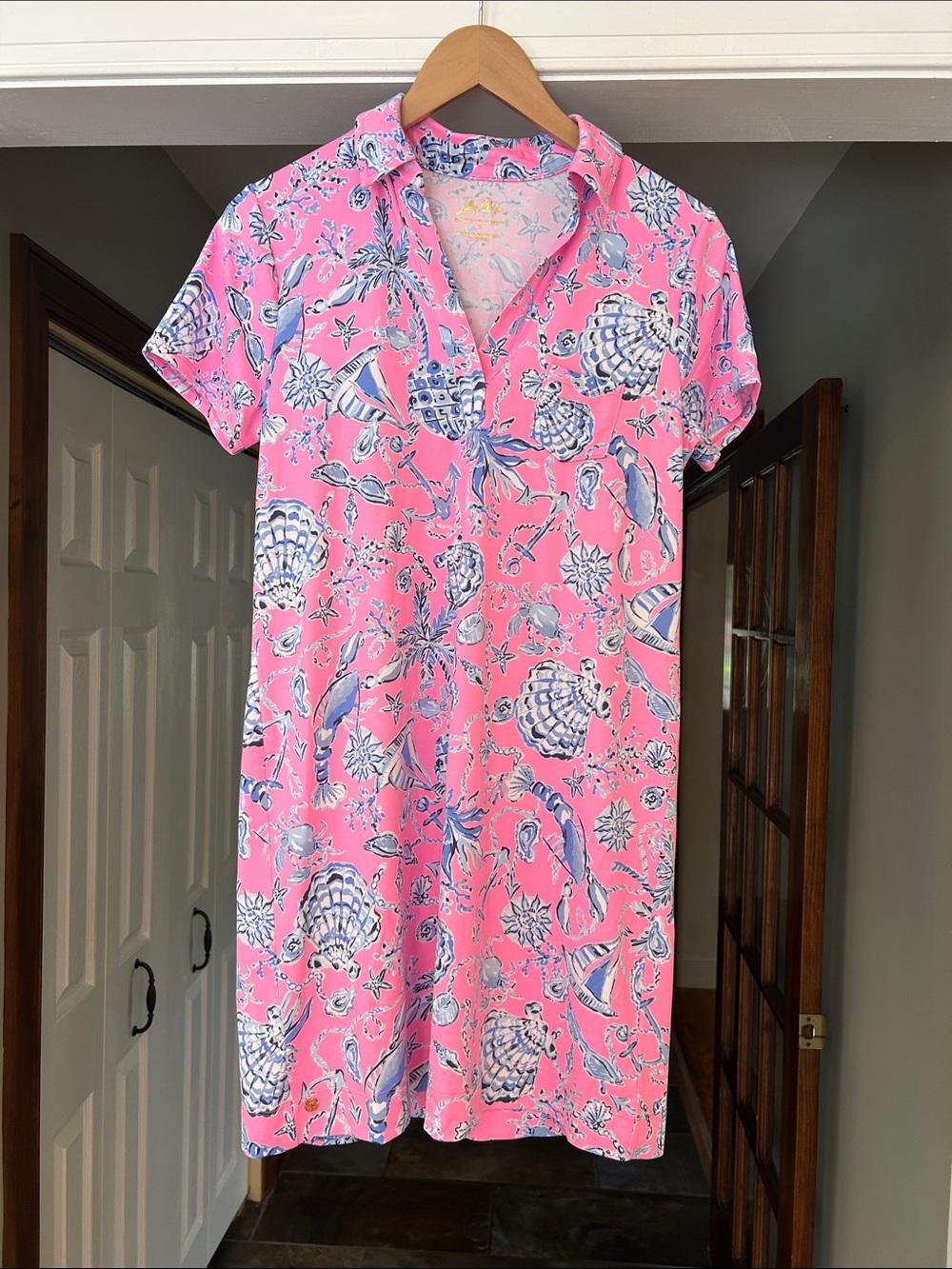 NWT Lilly Pulitzer Short Sleeve Collared V Neck Mini Dress Sz S Pink Blue Print